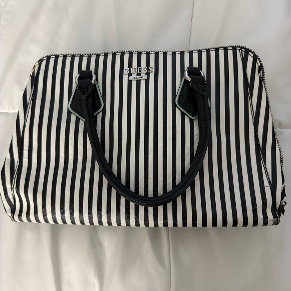 Guess Factory Lenora Saffiano Satchel in a blue and white striped pattern